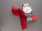 World AIDS day, red ribbon and men's WRISTWATCH on grey background, top view. solidarity in the fight against the disease