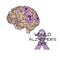 World alzheimer`s day, themed illustration depicting the human brain with shaded areas and question marks, purple ribbon and