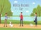 World animal day vector banner template. Female cat lover, male dog owner playing with pets in park cartoon characters