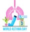 World asthma day concept vector. Inhaler, nebulizer are shown. Metaphor of tuberculosis, pneumonia, lung diagnosis x-ray machine.