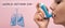World asthma day. Woman using inhaler on pink background, banner design
