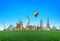 World Attractions with a colored balloon on a green field with