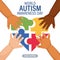 World Autism Awareness Day banner. Children\\\'s hands and colorful heart puzzles. Poster