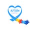 World autism awareness day. Blue ribbon with colorful puzzles vector background. Heart shape. Symbol of autism. Medical flat