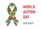 World Autism Day. 2 april. Card with colorful satin puzzle ribbon and text. Vector illustration