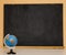 World balloon on chalkboard background. Top view and copy space. Back to school. Concept of art education.