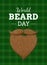 World Beard day greeting card design. Brown beard illustration on green checkered background. - Vector