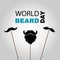 World beard day. Greeting card with party masks beard and mustache on sticks. Postcard icon