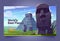 World best places cartoon landing, Moai statues