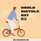 World Bicycle Day Banner. Man riding street folding bicycle in city vector flat illustration. Smiling male bicyclist