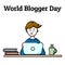 World Blogger Day postcard. Boy with laptop