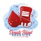 World blood donor day, Donate blood save live - Drop blood charecter and blood bag with blood all type text around on soft blue
