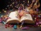 World book and copyright day, April 23, open book surrounded by a burst of colorful confetti