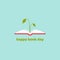 World book day card. Open book with green sprig and leaves. Flat reading icon isolated on turquoise background