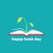 World book day card. Open book with green sprig and leaves. Flat reading icon isolated on turquoise background