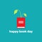World book day card. Red book with green sprig or sprout. Flat reading icon isolated on blue background