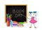 World Book Day concept on white background. Education design with stickman schoolgirl pointing to blackboard with school supply.