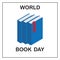 World Book Day. Image of three blue books with a red tab.