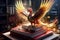 World book day, phoenix bird on top of books - Generative AI