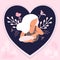 World breastfeeding week illustration.Young Caucasian woman with child. Lactation concept.Mom holds her baby on floral background.