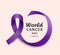 World cancer day banner design with purple curly ribbon and text realistic style