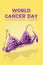 World cancer day. Lilac lace bra on a yellow background. Vertical. Copy space