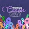 World cancer day text and set of ribbons of different colors against cancer on dark purple background vector design