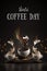 World coffee day, October 1. Coffee splashes in levitating cups. AI generative, generated by AI. Black wallpaper for social media