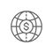 World with coin, global cash, money transfers, currency line icon.