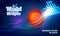 World Cricket League banner design with cricket ball on blue futuristic technology