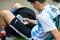 World cup 2018. Moscow FIFA 2018. Emotions of football fans on Moscow streets. A young man wearing uniform of Messi with telephone