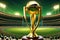 World Cup Cricket Championship Trophy glinting with polished gold, cricket stadium looms large, stage set for glory