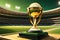 World Cup Cricket Championship Trophy glinting with polished gold, cricket stadium looms large, stage set for glory