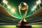 World Cup Cricket Championship Trophy glinting with polished gold, cricket stadium looms large, stage set for glory