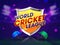World Cup Cricket match concept with winning shield and cricket attire helmets on shiny purple background.