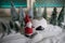 World cup at wintertime concept. Football Soccer ball on snowy decorated table with toy miniatures. New Year Christmas theme.