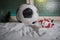 World cup at wintertime concept. Football Soccer ball on snowy decorated table with toy miniatures. New Year Christmas theme.