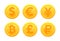 World currency symbols in the form of gold coins with signs: dollar, euro, pound, ruble, yen, bitcoin, yuan