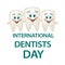 World Dental Day. International Dentist Day. A tooth with a smile embraces two small teeth. Adult tooth with their