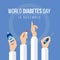 World Diabetes Day Awareness with hands hold the meter measures for blood sugar level hand hold drug and Drops of blood on circle