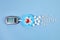 World diabetes day concept. Red blood drop in circle with Blood glucose test strip and Glucose meter. Top view