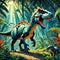 The world of dinosaurs, in the jungle, sunrays, tree, plants, wildflower, kidney light, complex background