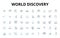 world discovery linear icons set. Exploration, Geology, Biodiversity, Anthropology, Archaeology, History, Ecology vector