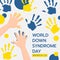 World down syndrom day banner with child hand doing yellow and blue hand paint abstract background vector design