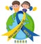 World Down Syndrome on 21 March with two kids and yellow - blue ribbon sign