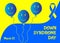 World Down Syndrome Day card with smiling balloons and blue and yellow awareness ribbon. WDSD is marked each year on March 21.