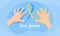 World down syndrome day - child hand doing yellow and blue Hand print and ribbon ink brush sign on soft blue background vector