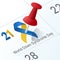 World Down Syndrome Day - Closeup calendar 21st of march month with blue yellow ribbon and red pin vector design