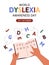World dyslexia awareness day vector poster, difficulties learning, disappointed person with scattered letters above book