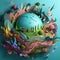 world earth day. paper cut illustration earth globe model surrounded flowers and plants. AI